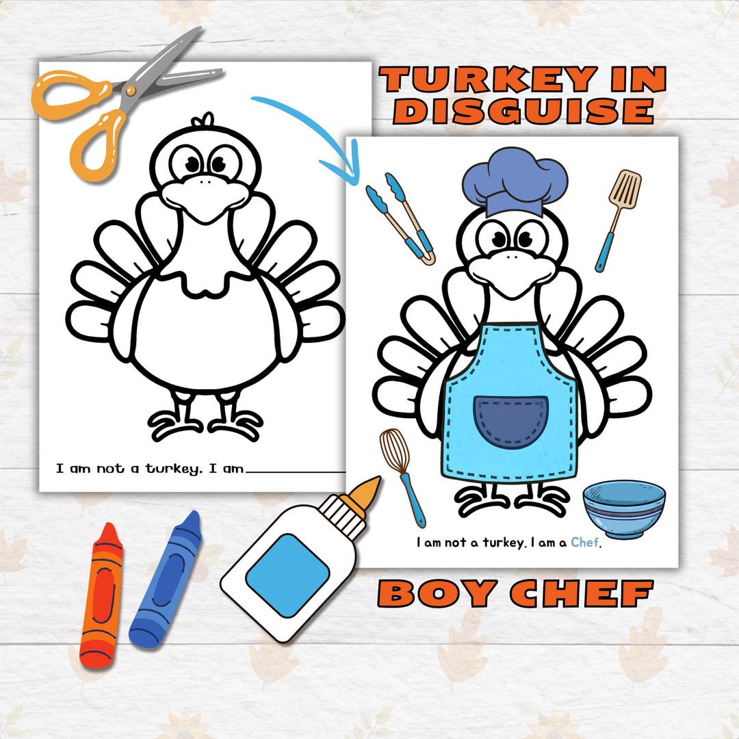 disguise a turkey thanksgiving printable craft for kids and toddlers, boy  chef turkey in disguise, turkey paper doll printable craft kits