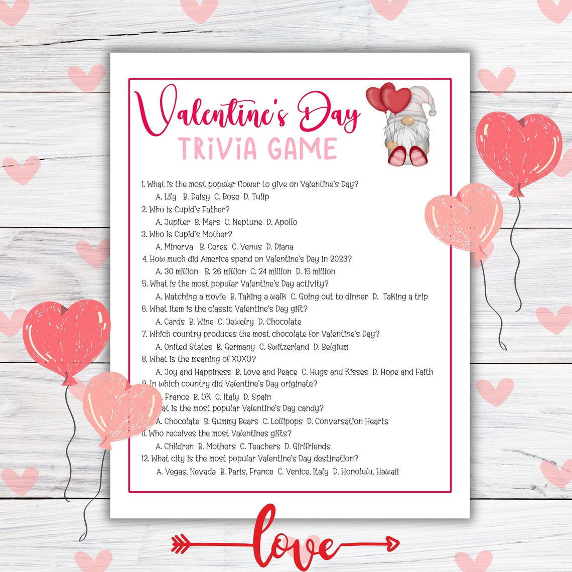 Valentine Gnome Trivia Game Printable, Valentines Day Icebreaker Group ...