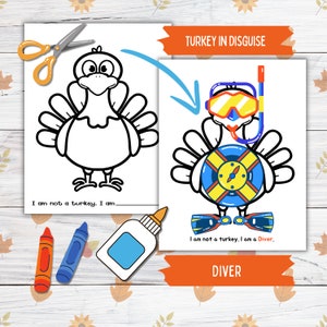 Disguise a Truthahn Thanksgiving druckbare Handwerk für Kinder und Kleinkinder, Taucher Türkei in Verkleidung, Türkei Papierpuppe druckbare Handwerk für Kinder