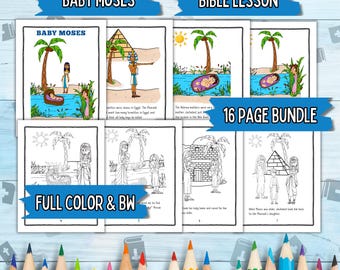 Leçon d'histoire de la Bible de bébé Moïse, étude de la Bible, pages à colorier imprimables, heure du matin de l'école à la maison chrétienne, affiche de l'histoire de la Bible de l'école du dimanche