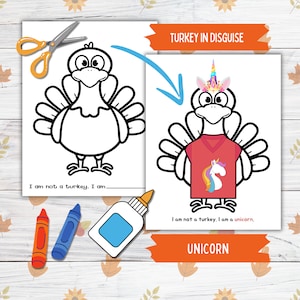 Disguise a Truthahn Thanksgiving druckbare Handarbeit für Kinder und Kleinkinder, Einhorn Truthahn in Disguise, Truthahn Papierpuppe druckbare Bastelkits