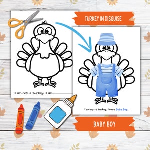 Disguise a Truthahn Thanksgiving Printable Crafts für Kinder und Kleinkinder, Baby Boy Truthahn in Disguise, Truthahn Papier Puppenkleidung Printable