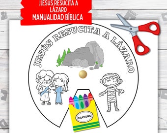 Puede incluir: Una página para colorear imprimible que presenta una escena de la historia bíblica de Jesús resucitando a Lázaro de entre los muertos. La página incluye una cueva, una piedra, Jesús, Lázaro y María. La página también incluye una caja de crayones.