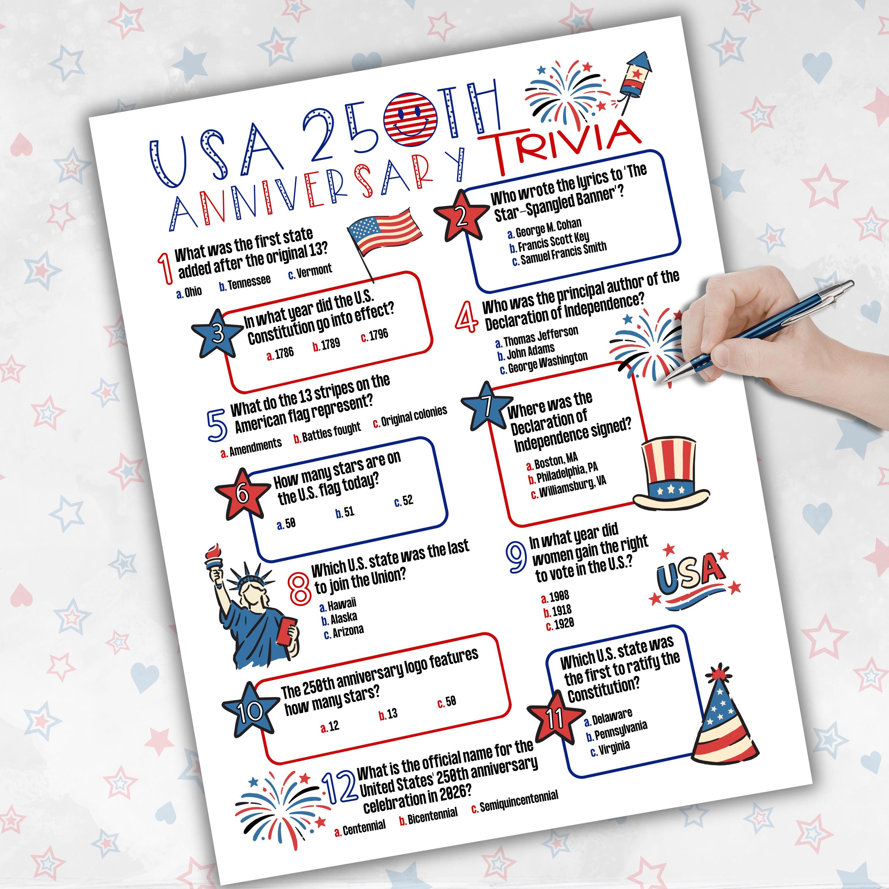 USA 250th Anniversary Trivia Game, Printable America 250th Games for ...