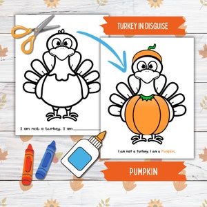 Verkleiden Sie sich ein Truthahn Thanksgiving druckbares Handwerk für Kinder und Kleinkinder, Kürbis Truthahn in Verkleidung, Truthahn Papierpuppe druckbare Bastelkits