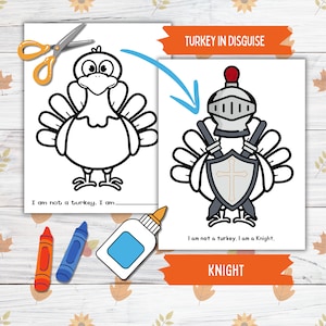 Disguise a Truthahn Thanksgiving druckbare Fertigkeit für Kinder und Kleinkinder, Ritter Türkei in Verkleidung, Truthahn Papierpuppe druckbare Fertigkeit für Kinder