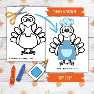 Verkleiden sich Truthahn Thanksgiving druckbare Fertigkeit für Kinder und Kleinkinder, Junge Koch Türkei in Verkleidung, Türkei Papierpuppe druckbare Bastelkit