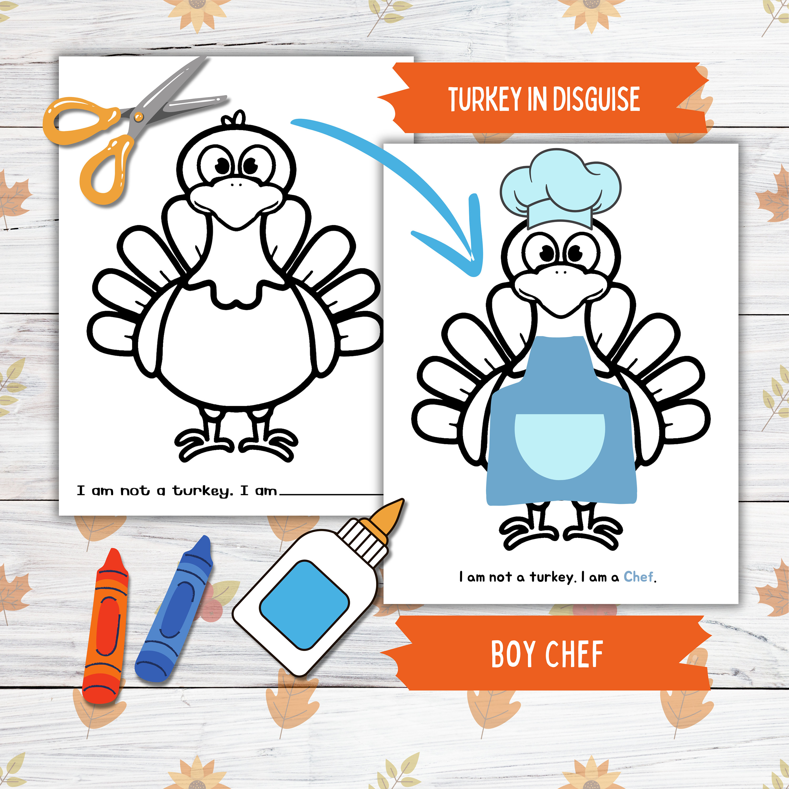 disguise a turkey thanksgiving printable craft for kids and toddlers, boy chef turkey in disguise, turkey paper doll printable craft kits