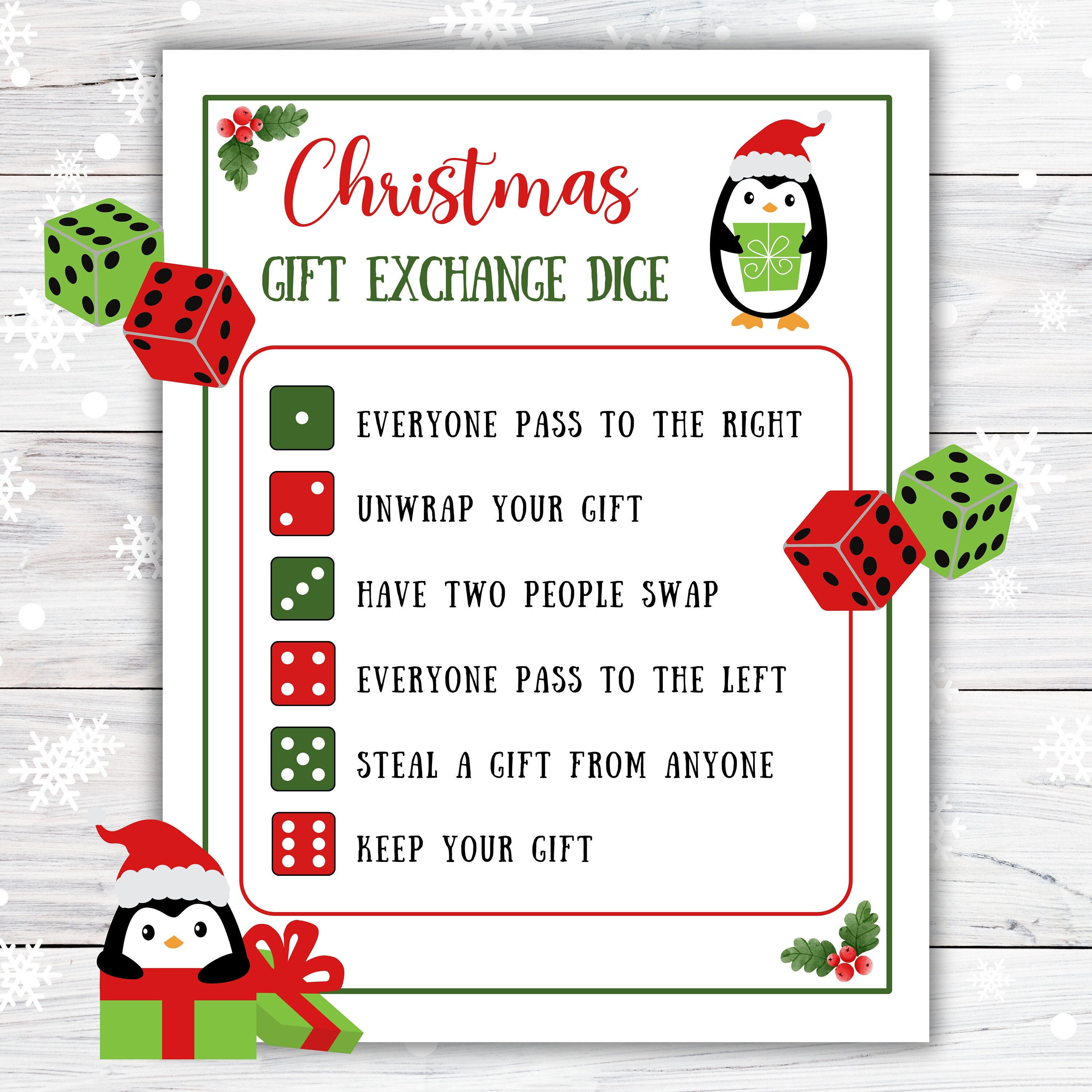 printable gift exchange dice game, christmas dice game printable