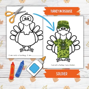 Disguise a Truthahn Thanksgiving druckbare Fertigkeit für Kinder und Kleinkinder, Soldat die Türkei in Verkleidung, Truthahn Papier Puppenkleidung druckbare Fertigkeit
