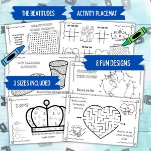 May include: A set of printable activity placemats featuring 8 different designs, including connect the dots, word search, dot marker activity, tic-tac-toe, and I Spy. The placemats are designed for children and feature a Christian theme with the text "The Beatitudes" and "Blessed are the..." on each page.