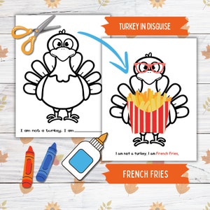 Verkleiden Sie sich ein Truthahn Thanksgiving druckbare Handwerk für Kinder und Kleinkinder, Pommes Truthahn in Verkleidung, Truthahn Papierpuppe druckbare Handwerk