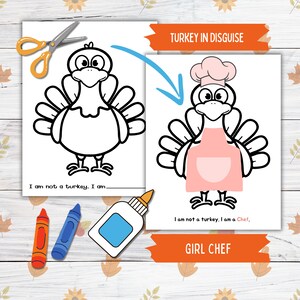 Verkleiden Sie sich ein Truthahn Thanksgiving druckbare Fertigkeit für Kinder und Kleinkinder, Kochmädchen Truthahn in Verkleidung, Truthahn Papierpuppe druckbare Bastelkits