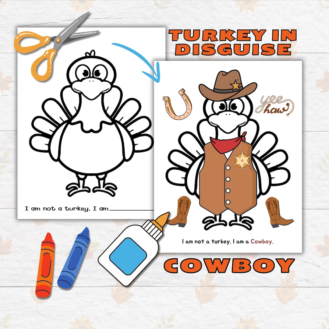 disguise a turkey thanksgiving printable craft for kids and toddlers,  cowboy turkey in disguise, turkey paper doll printable crafts for kids