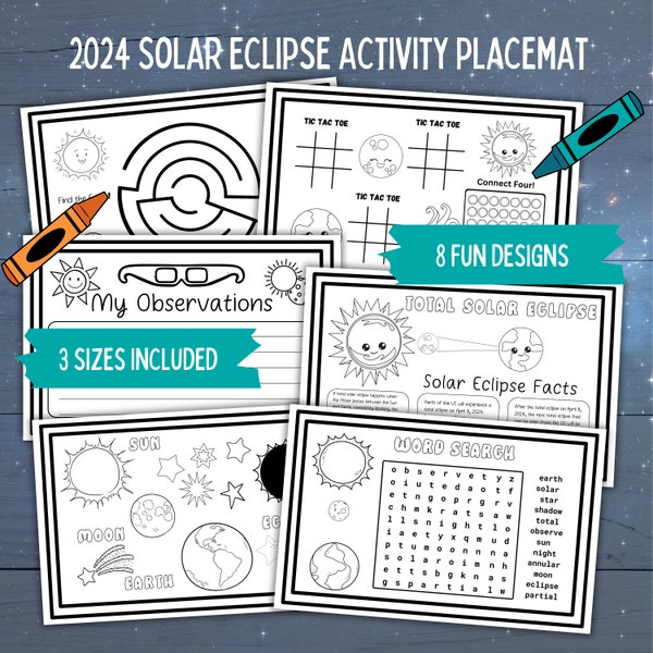 2024 Solar Eclipse Coloring Activity Placemat, April 8, 2024 Solar Eclipse Kawaii Coloring Pages for Kids, Solar Eclipse 2024 Paper Placemat