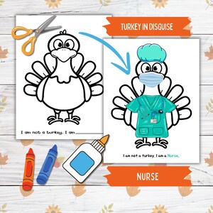 Disguise a Truthahn Thanksgiving druckbare Handarbeit für Kinder und Kleinkinder, Krankenschwester Truthahn in Verkleidung, Truthahn Papierpuppe druckbare Bastelkit