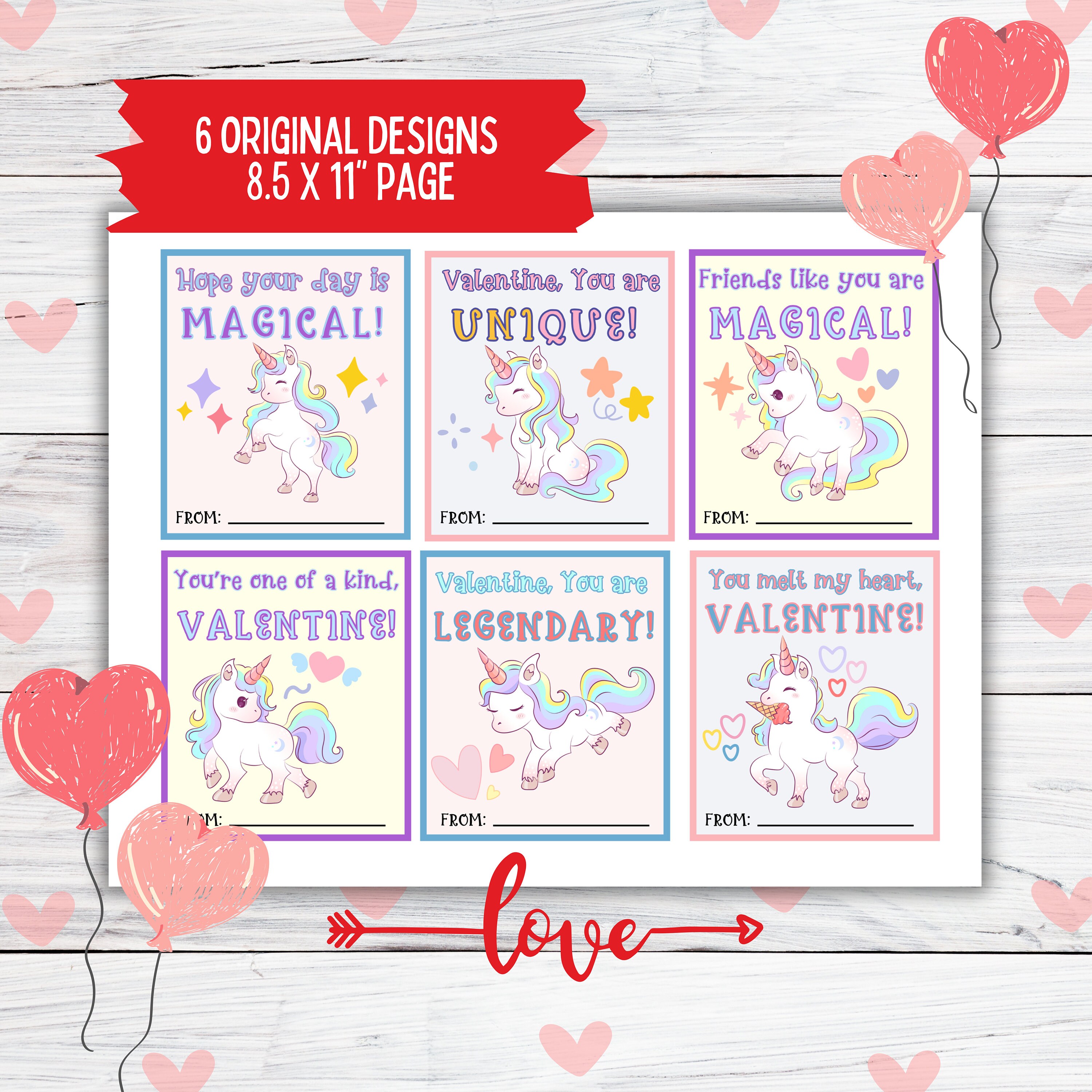 Unicorn Valentine Cards for Kids Printable, Cute Tween Valentines for ...