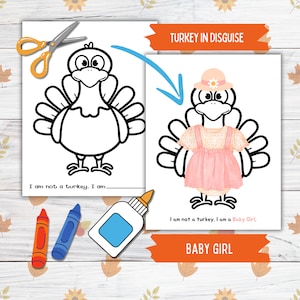 Disguise a Truthahn Thanksgiving Printable Crafts für Kinder und Kleinkinder, Baby Girl Truthahn in Disguise, Truthahn Papier Puppenkleidung Printable