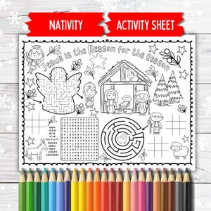 Nativity Coloring Activity Placemat, Printable Kids Nativity Bible Coloring, Nativity Craft for Kids Digital Download, Kid Nativity Placemat
