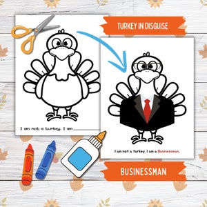 Disguise a Truthahn Thanksgiving druckbare Fertigkeit für Kinder und Kleinkinder, Kaufmann Türkei in Verkleidung, Türkei Papierpuppe druckbare Fertigkeit