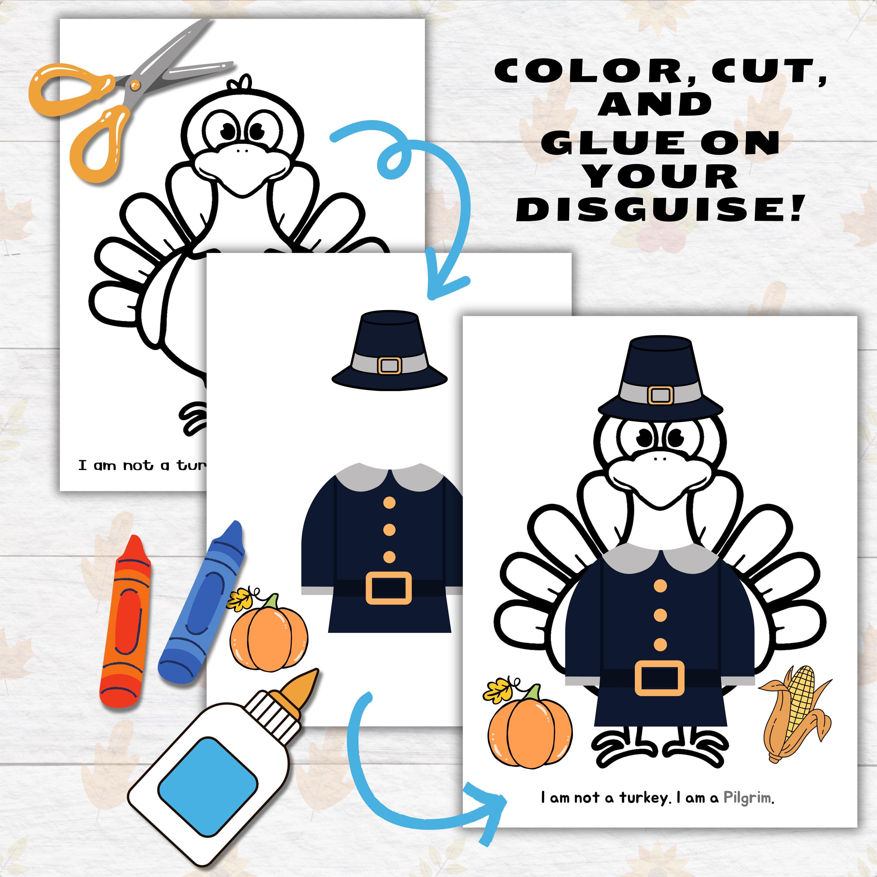 disguise a turkey thanksgiving printable craft for kids and toddlers,  pilgrim turkey in disguise, turkey paper doll printable craft kits