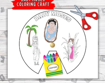 Baby Moses Coloring Spinner Wheel, Printable Bible Study Coloring Pages for Kids, Sunday School Craft Activities, Baby Moses Preschool Craft