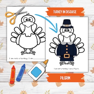 Verkleiden Sie sich ein Truthahn Thanksgiving druckbares Modell für Kinder und Kleinkinder, Pilgrim Truthahn in Verkleidung, Truthahn Papierpuppe druckbare Bastelkit