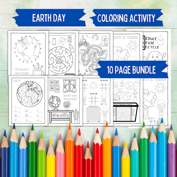 Earth Day Coloring Activity Pages, Environmental Earth Day Worksheets for Kids Pack, Mother Earth Kawaii Kid Coloring Page Bundle, Earth Day