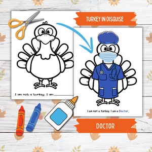 Verkleiden Sie sich ein Truthahn Thanksgiving druckbares Handwerk für Kinder und Kleinkinder, Doktor Türkei in Disguise, Türkei Papierpuppe druckbare Bastelkit