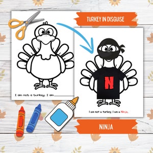 Verkleiden sich ein Truthahn Thanksgiving druckbare Fertigkeit für Kinder und Kleinkinder, Ninja Türkei in Verkleidung, Türkei Papierpuppe druckbare Bastelkits