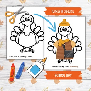 Verkleiden Sie sich ein Truthahn Thanksgiving druckbares Modell für Kinder und Kleinkinder, Schuljunge die Türkei in Verkleidung, Türkei Papierpuppe druckbare Bastelkit