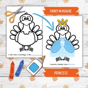 Verkleiden sich ein Truthahn Thanksgiving druckbares Modell für Kinder und Kleinkinder, Prinzessin Türkei in Disguise, Türkei Papierpuppe druckbare Bastelkits