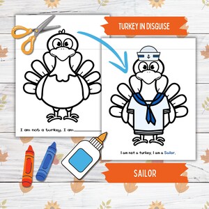 Disguise a Truthahn Thanksgiving druckbare Fertigkeit für Kinder und Kleinkinder, Sailor Truthahn in Disguise, Truthahn Papierpuppe druckbare Bastelkits