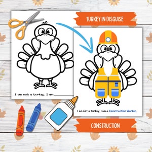 Verkleiden Sie sich ein Truthahn Thanksgiving druckbare Fertigkeit für Kinder und Kleinkinder, Konstruktion Truthahn in Verkleidung, Türkei Papierpuppe druckbare Bastelset