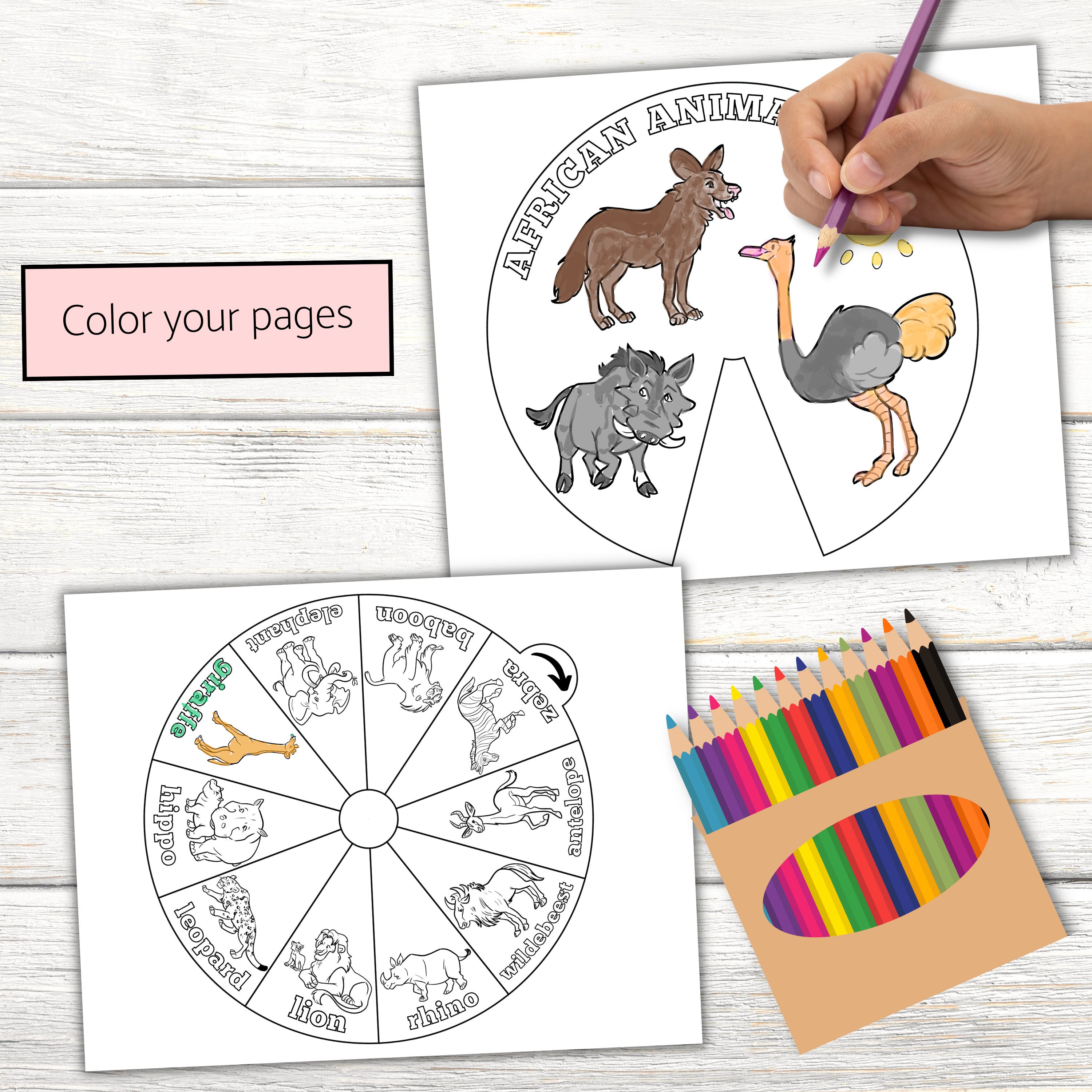 African Animals Coloring Wheel, Realistic Animal Coloring Pages ...
