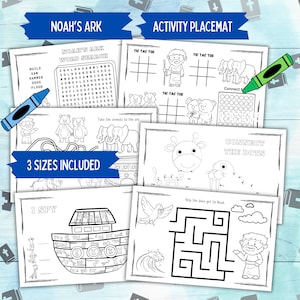 Noah&#39;s Ark Coloring Activity Placemat, Printable Childrens Bible Activities, Kids Bible Coloring Busy Book, Noah Sunday School Bible Crafts