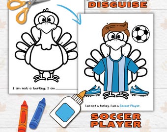 Disguise a Turkey Thanksgiving Printable Crafts for Kids and Toddlers, Soccer Player Turkey in Disguise, Turkey Paper Doll Printable Craft