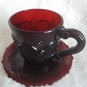 Mid Century Glassware, Vintage Avon 1876 Cape Cod Collection Ruy Red Glass Teacup and Matching Saucer