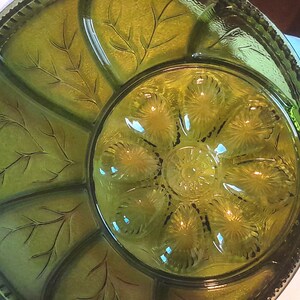 Vintage Indiana Glass Avocado Green Relish Deviled Egg Platter, Tree of Life