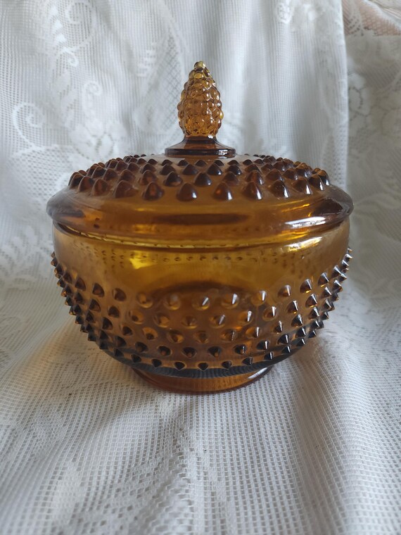 Vintage Fenton Amber Glass Hobnail Lidded Candy Dish
