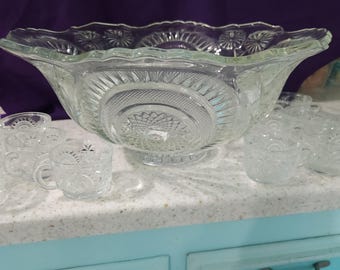 Vintage L.E. Smith EAPG Pinwheel and Stars Punch Bowl with Cups