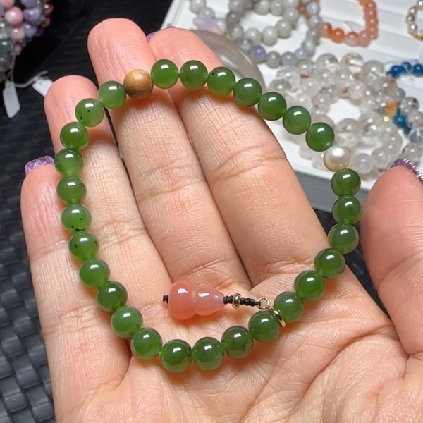 Bracelet vert jade naturel HQ avec pendentif calebasse | Jade avec Banboo | Bracelet de méditation équilibre pour femmes avec pierres précieuses 6 mm