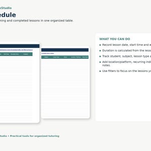 May include: A digital schedule template by TutorDeskStudio featuring two table layouts with columns for lesson date, start time, end time, duration, and student. A text box lists features including recording lesson times, tracking status, and using filters.