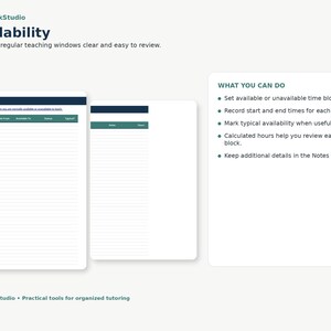 May include: A digital planner page titled Availability by TutorDeskStudio. It features a table with columns for Day, Available From, Available To, Status, and Typical. A second page shows Notes and Hours. A text box lists instructions for setting time blocks.