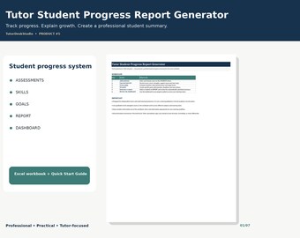 May include: A digital Tutor Student Progress Report Generator workbook and quick start guide. The interface features a dark blue header with white text, a list of system modules including assessments, skills, goals, report, and dashboard.