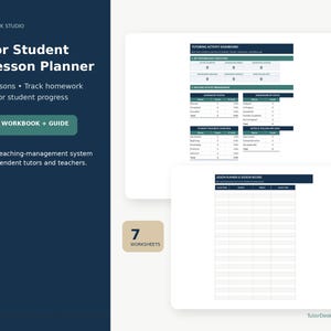 Puede incluir: Un libro de trabajo de Excel Tutor Student & Lesson Planner con guía que incluye siete hojas de cálculo. La interfaz presenta un panel de actividad de tutoría con métricas de rendimiento, estado de lecciones, seguimiento de tareas y un planificador.