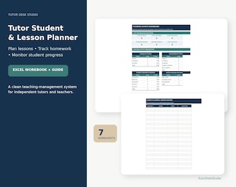 May include: A Tutor Student & Lesson Planner Excel workbook and guide featuring seven worksheets. The interface includes a Tutoring Activity Dashboard with performance metrics, lesson status, homework tracking, and a lesson planner and session record.