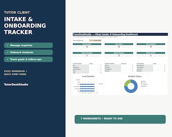 May include: A digital Tutor Client Intake & Onboarding Tracker Excel workbook featuring a dashboard with data tables, a lead pipeline bar chart, and a student status pie chart. The interface includes text labels for managing inquiries, onboarding students, and tracking goals.