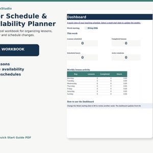 May include: A TutorDeskStudio Excel workbook for planning lessons and managing availability. The interface features a dashboard with sections for lessons scheduled, completed lessons, scheduled hours, active students, and a weekly activity table.