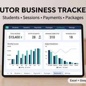 May include: A digital tablet displaying a Tutor Business Tracker dashboard with data for students, sessions, payments, and packages. The screen shows a total revenue of $15,400, 28 active students, 310 sessions completed, and 18 packages sold.